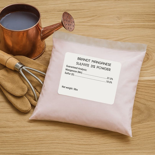 Grow Organic Manganese Sulfate 31% powder fertilizer in a 5 lb bag, used for enriching soil with manganese nutrients.