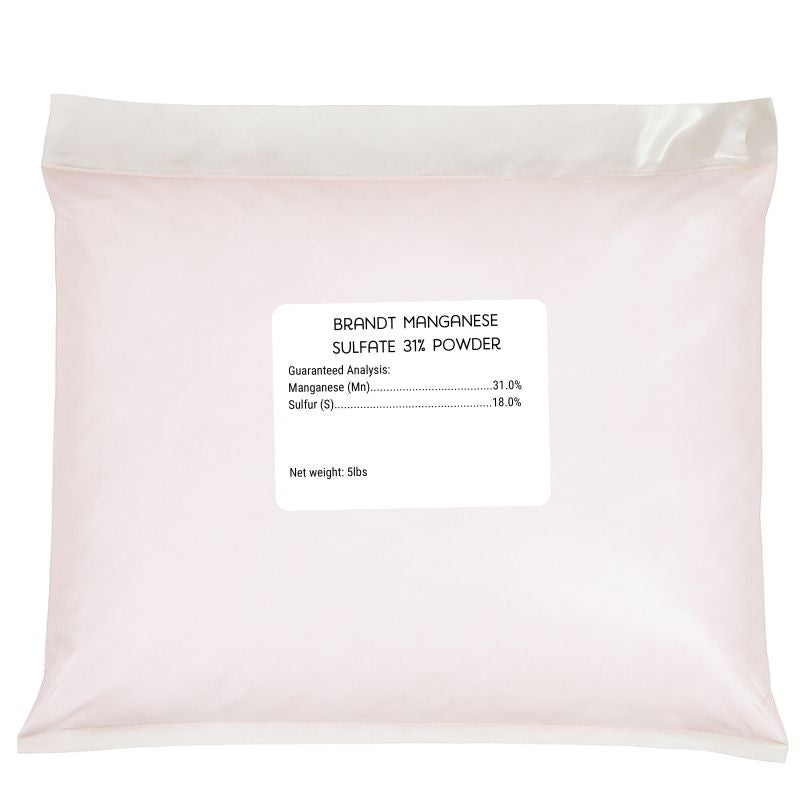 Grow Organic Manganese Sulfate 31% powder fertilizer in a 5 lb bag, used to nourish plants and correct manganese deficiencies.