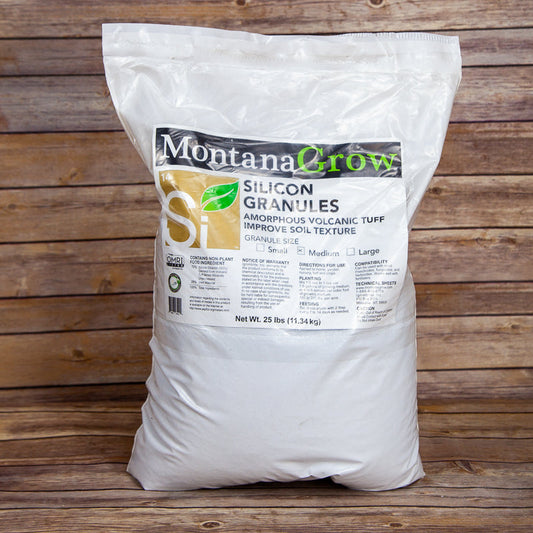 MontanaGrow Organic Granular Silicon fertilizer by Grow Organic, 25 lb bag, showing granular silicon fertilizer for plants.
