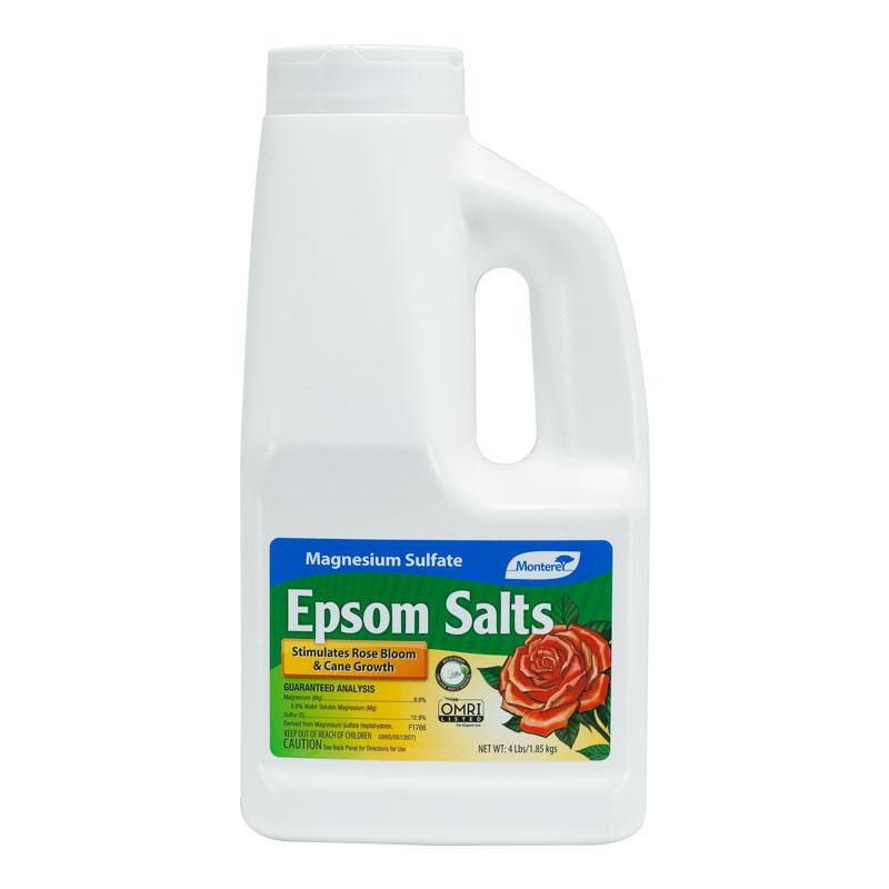 Grow Organic Monterey Epsom Salts fertilizer bag, 4 lb, indicating magnesium sulfate for plant health and garden use.