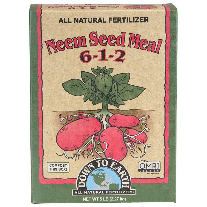 Grow Organic Neem Seed Meal 6-1-2 fertilizer in 5 lb box, natural organic fertilizer for plant growth and soil health.