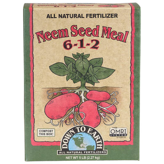 Grow Organic Neem Seed Meal 6-1-2 fertilizer in 5 lb box, natural organic fertilizer for plant growth and soil health.