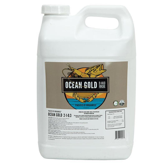Grow Organic Ocean Gold 2-1-0.3 fertilizer in a 2.5-gallon container, natural organic fertilizer for healthy plant growth.