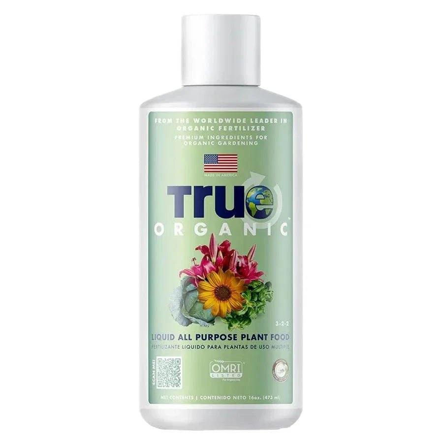 Grow Organic True Organic Liquid All-Purpose Plant Food 16 oz fertilizer bottle with green label and measuring cap.