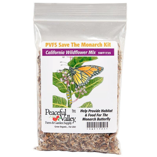 Grow Organic Peaceful Valley Save the Monarch flower seed kit for California, 1/8 lb of native flower seeds for butterfly habitat.