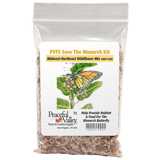 Grow Organic Peaceful Valley Save the Monarch flower seed kit for Midwest to Northeast, includes 1/8 lb of native flower seeds.