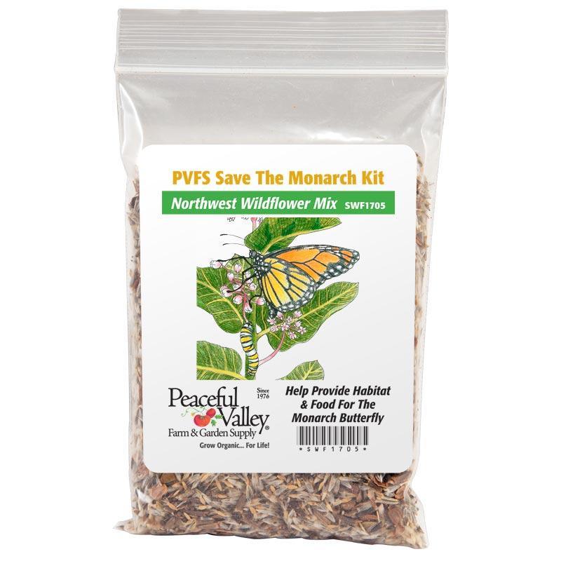 Grow Organic Peaceful Valley Save the Monarch Kit flower seed packet for attracting butterflies, featuring native Northwest wildflowers.