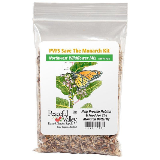 Grow Organic Peaceful Valley Save the Monarch Kit flower seed packet for attracting butterflies, featuring native Northwest wildflowers.