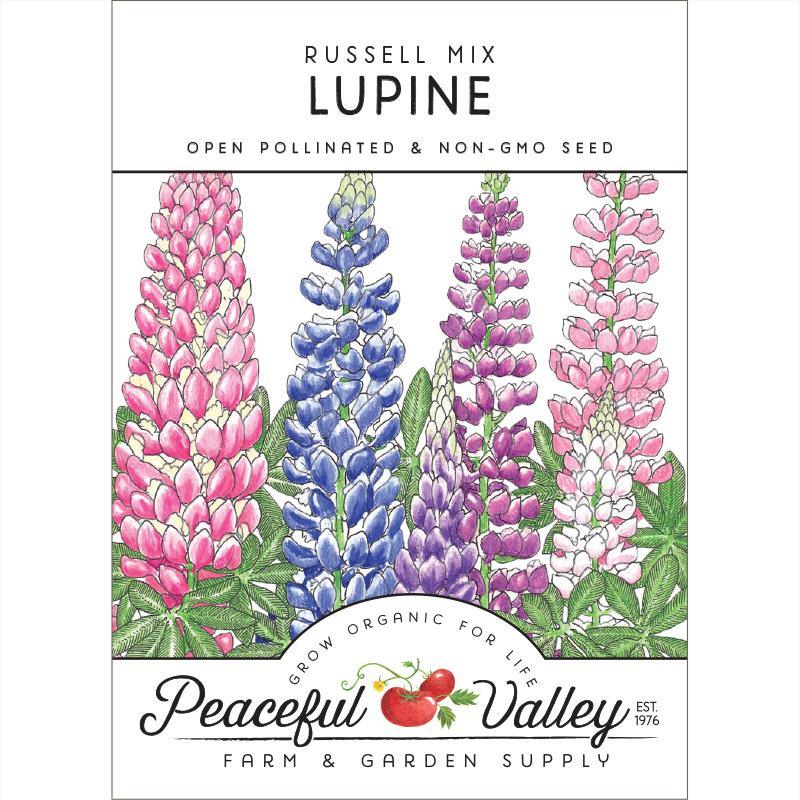 Grow Organic Russell Lupine flower seeds in a pack, showcasing vibrant lupine seed illustrations for garden planting.
