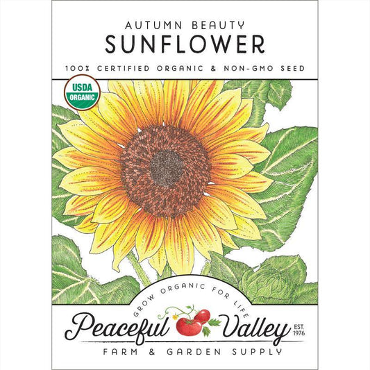 Organic Autumn Beauty Sunflower Seeds from Grow Organic, flower seed pack with vibrant sunflower images.