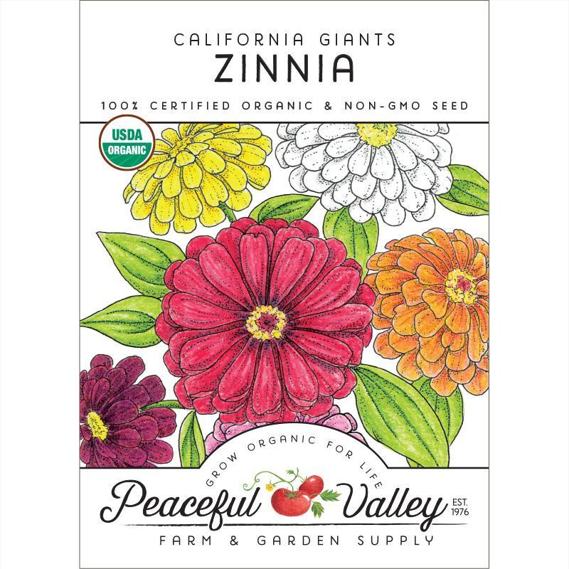 Organic California Giants Zinnia Seeds from Grow Organic, showing a packet of colorful flower seeds for planting and garden beautification.