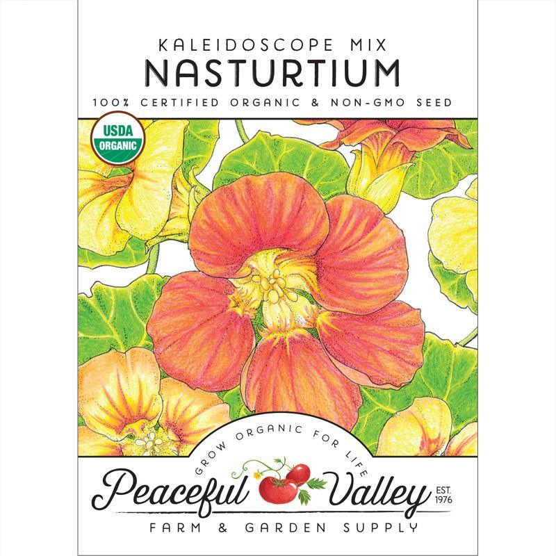 Organic Kaleidoscope Mix Nasturtium flower seeds in a pack, ready for planting; vibrant seed packet by Grow Organic.