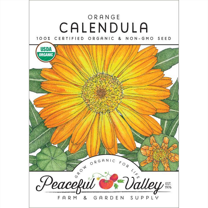 Organic orange Calendula flower seeds from Grow Organic in a packet, ready for planting in a garden.