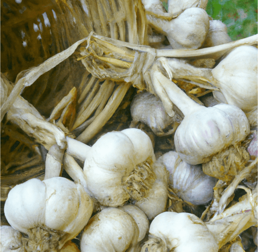 Organic Grow Organic Music Garlic bulb, fresh and whole, shown in a natural setting with multiple garlic bulbs.