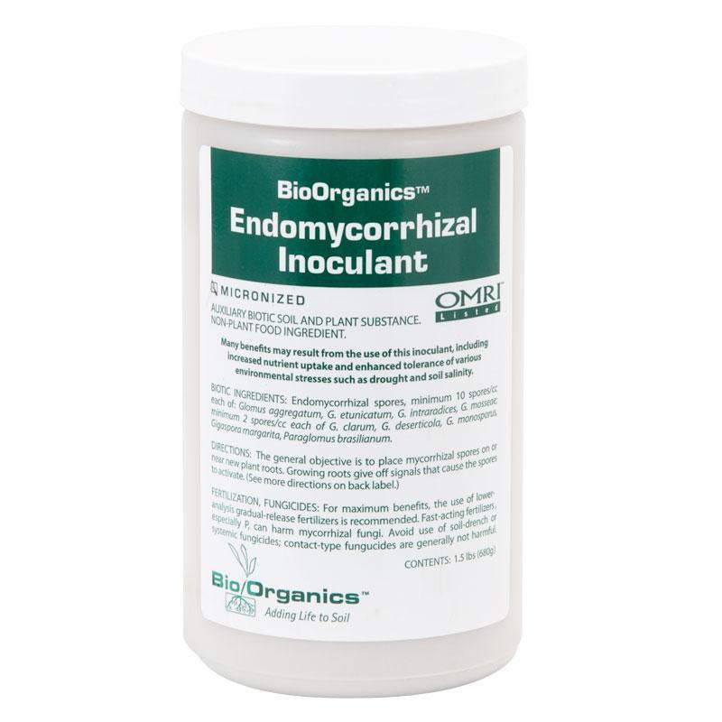 Grow Organic Bio/Organics Endomycorrhizal Inoculant, 1.5 lb, showing the natural powder and packaging for healthy plant roots.