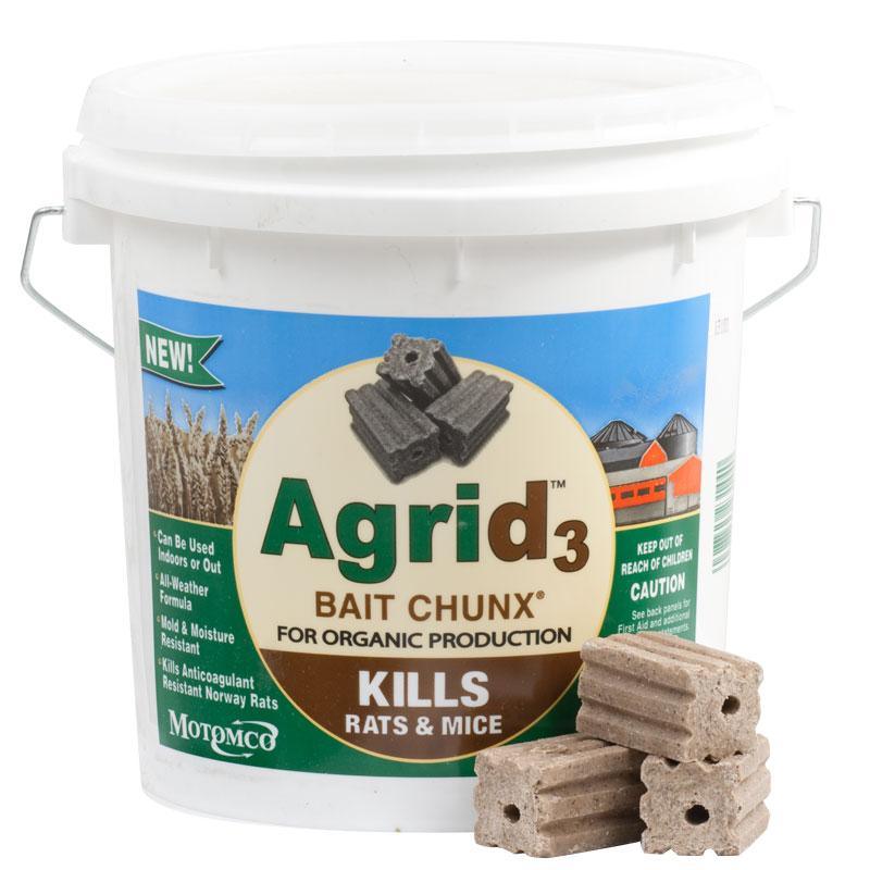 Grow Organic Agrid3 Mouse and Rat Bait Chunx in a 4 lb pail for pest control, featuring bait chunks designed for rodent elimination.