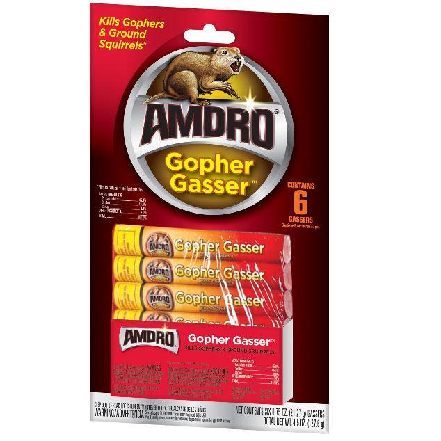 A pack of six Grow Organic Amdro Gopher Gasser pest control devices for eliminating gophers from gardens and lawns.