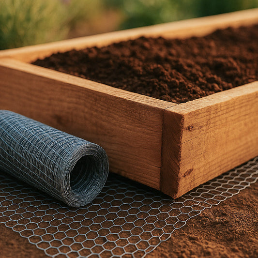 Grow Organic Gopher Wire 5' x 100' roll for pest control, showing durable galvanized wire fencing for gopher and rodent prevention.