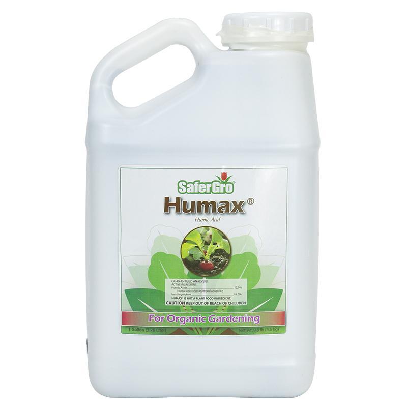 Grow Organic Humax Gallon pest control container with natural pest deterrent label and spray nozzle attachment.