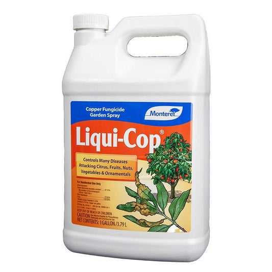 Grow Organic Liqui-Cop Concentrate pest control gallon bottle with label and garden pest control branding.