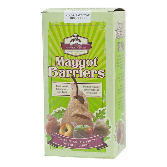 Pack of 100 Grow Organic maggot barriers with heavy mesh for pest control, designed to prevent maggot infestations effectively.