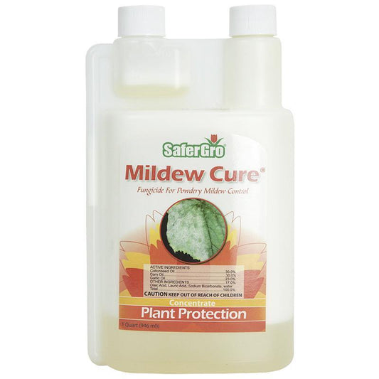 Grow Organic Mildew Cure Concentrate quart for pest control, showing the product bottle and label in a natural setting.