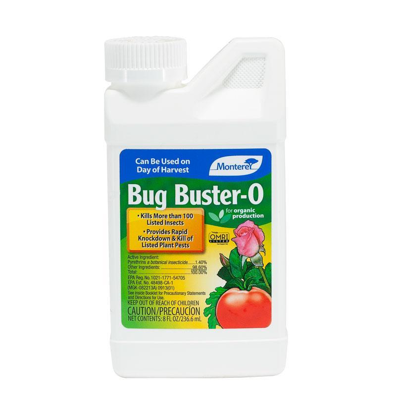 Grow Organic Monterey Bug Buster-O pest control spray in 8 oz bottle, used for effective insect management in gardens.