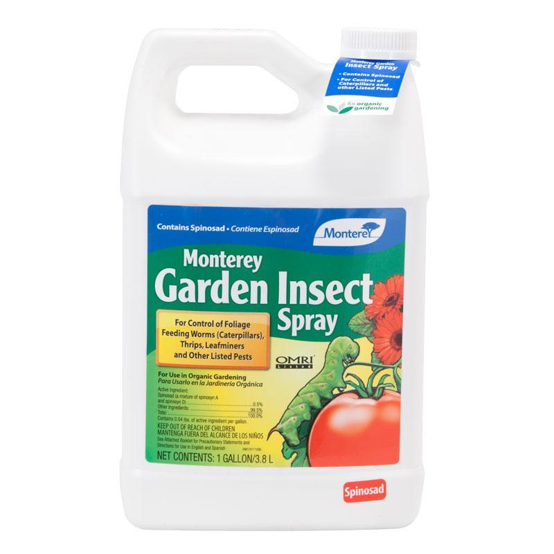 Grow Organic Monterey Garden Spray Concentrate with Spinosad for pest control, shown in a gallon container.