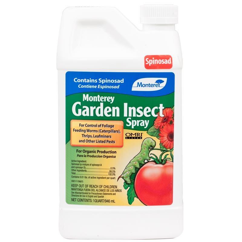 Grow Organic Monterey Garden Spray Concentrate with Spinosad, pest control solution in a quart bottle, for organic garden pest management.