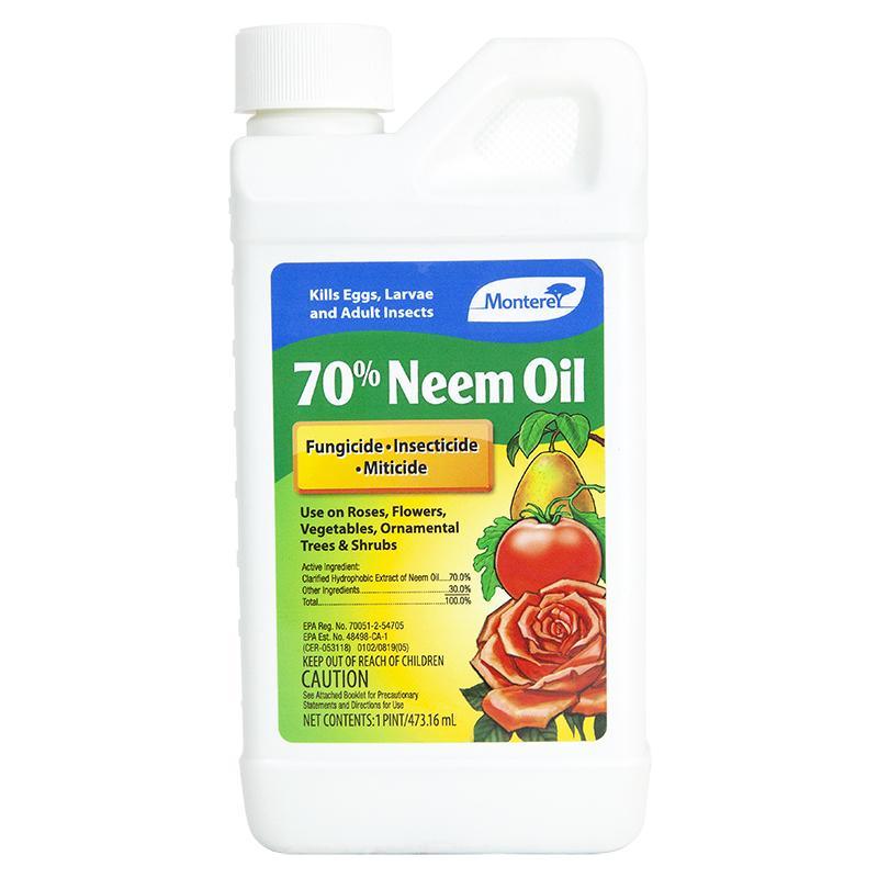 Bottle of Grow Organic Monterey Neem Oil 70% concentrate for pest control, shown in a pint container.