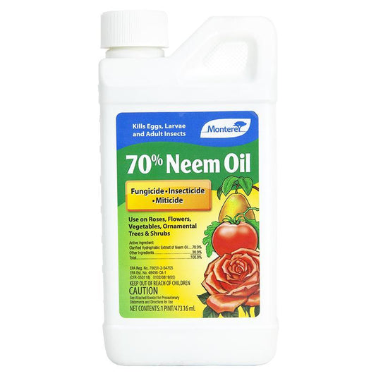 Bottle of Grow Organic Monterey Neem Oil 70% concentrate for pest control, shown in a pint container.
