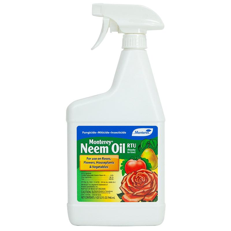Grow Organic Monterey Neem Oil Ready To Use pest control spray in a quart bottle, ideal for organic garden pest management.