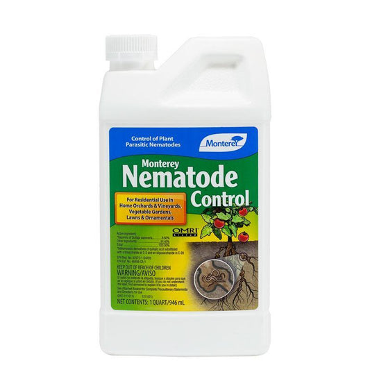 Grow Organic Monterey Nematode Control Qt for pest control, showing the product container with label and pest management features.