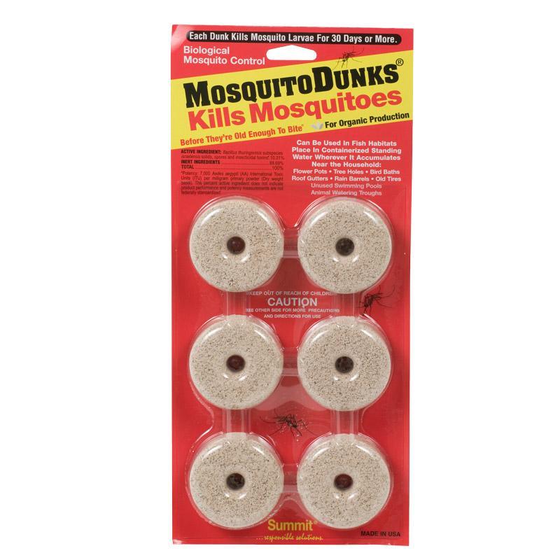 Pack of 6 Grow Organic Mosquito Bt Floating Donuts for pest control, biodegradable mosquito dunks in a natural outdoor setting.