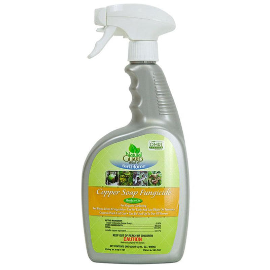 Grow Organic Natural Guard Copper Soap Liquid Fungicide RTU in a Qt bottle for effective pest control on plants.
