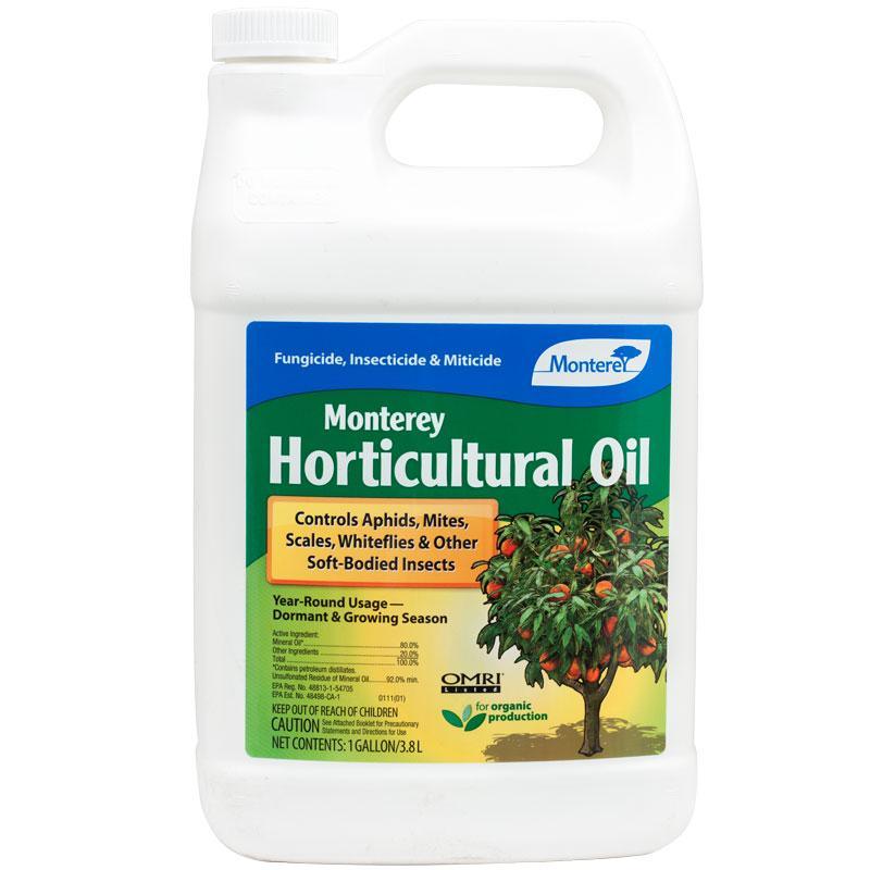 Organic Monterey Horticultural Oil by Grow Organic for pest control, shown in a gallon container on a garden setting.
