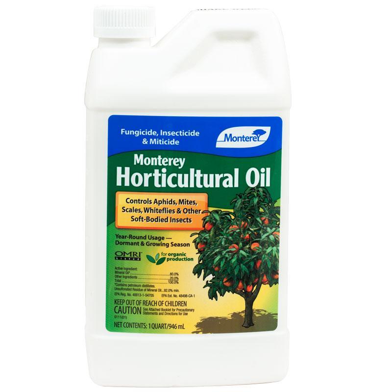 Organic Monterey Horticultural Oil pest control spray by Grow Organic, in a Qt bottle, used for plant pest management.
