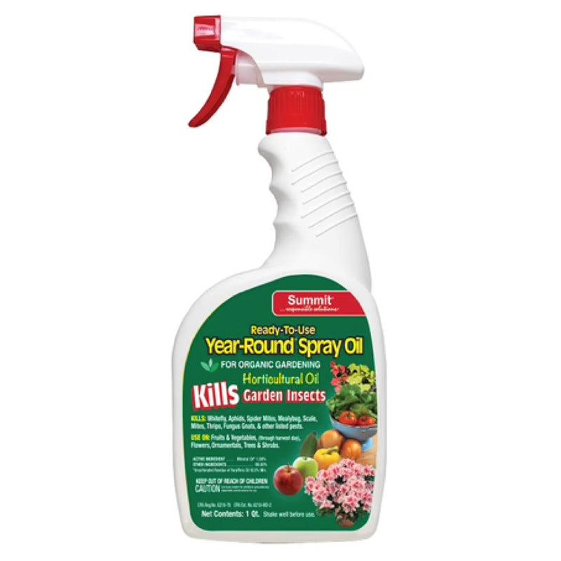 Grow Organic Organic Summit Year Round Horticultural Spray Oil RTU for pest control, shown in a 1-quart spray bottle on a garden background.