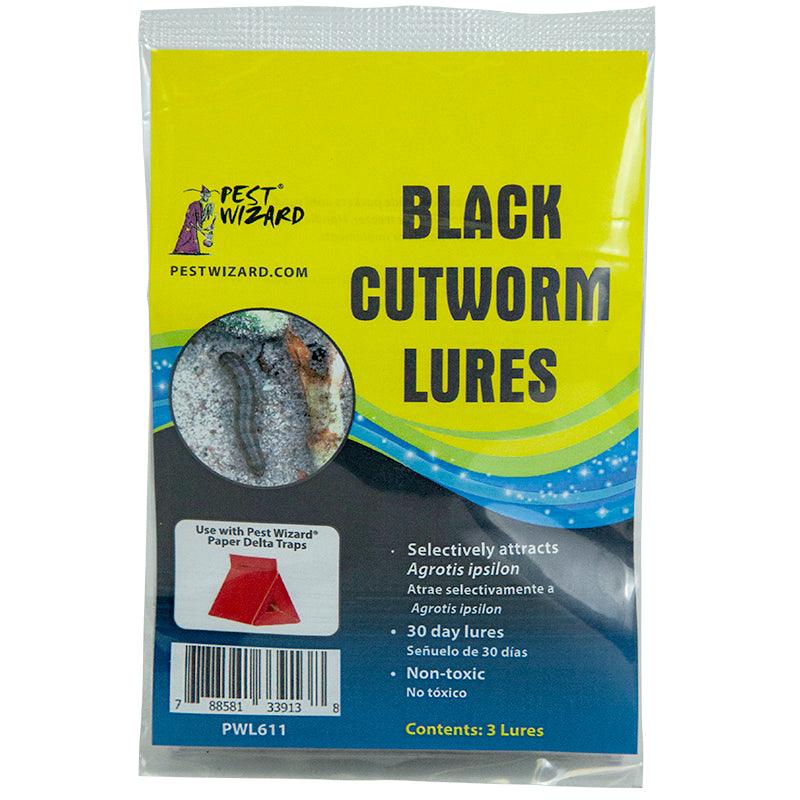 Grow Organic Pest Wizard Black Cutworm Lure 3-pack for pest control, showing the black lure in a close-up view.