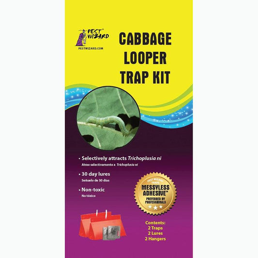 Grow Organic Pest Wizard Cabbage Looper Trap Kit for effective cabbage pest control, shown with traps and packaging.