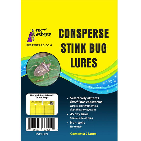 Grow Organic Pest Wizard Consperse Stink Bug Lure 2-pack for pest control, shown in a clear image with product packaging.