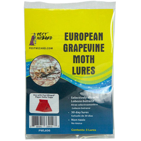 Grow Organic Pest Wizard European Grape Vine Moth Lure 3-pack for pest control in vineyards and grapevines.