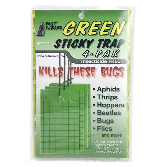 Grow Organic Pest Wizard green sticky card trap 4-pack for pest control, featuring bright green adhesive cards for pest management.