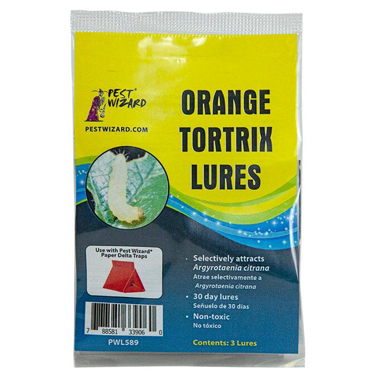 Grow Organic Pest Wizard Orange Tortrix Lure 3-pack for pest control, shown in blister pack with bright orange bait labels.