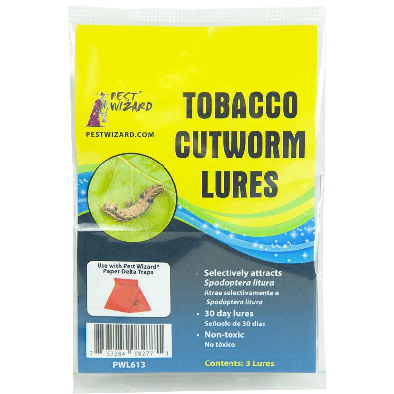 Grow Organic Pest Wizard Tobacco Cutworm Lure 3-pack for pest control, featuring yellow and black lure containers with branding.