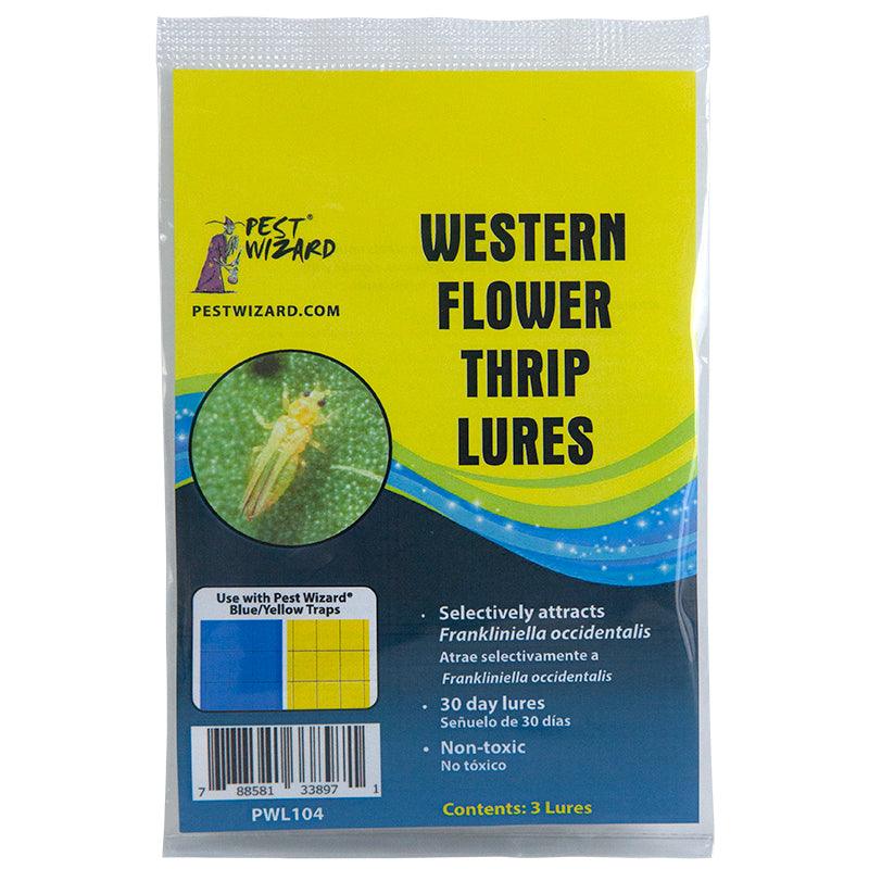 Grow Organic Pest Wizard Western Flower Thrips Lure 3-pack for pest control, showing the lure packaging and product details.