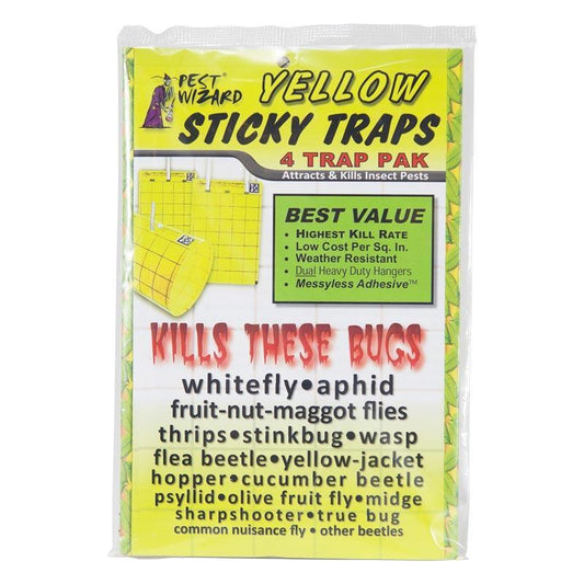 Grow Organic Pest Wizard Yellow Sticky Card Trap, large 4-pack for pest control, featuring bright yellow adhesive cards to catch pests.
