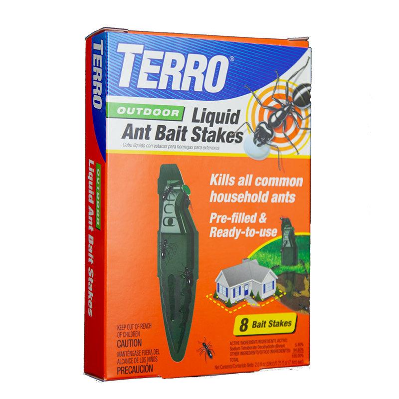 Grow Organic Terro Outdoor Ant Bait Stakes, pest control stakes for outdoor ant bait, shown in a package of eight.
