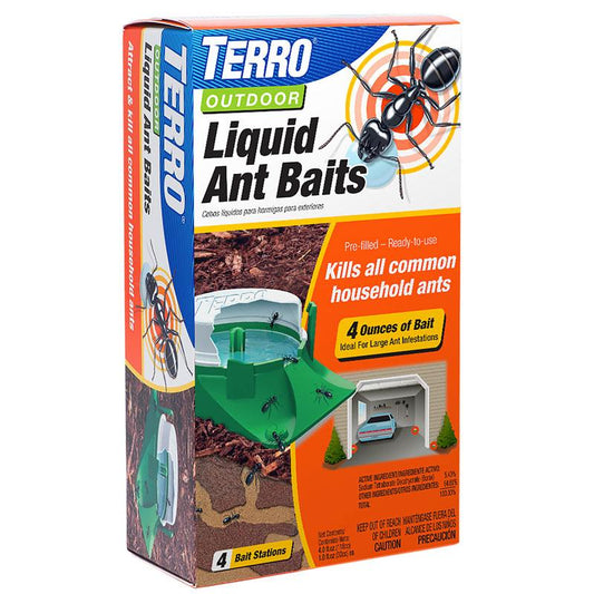 Grow Organic Terro Outdoor Ant Bait Station pest control set with four stations for outdoor ant prevention and control.