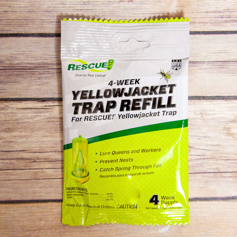 Grow Organic Yellowjacket Attractant Refill for 4-week pest control, featuring a yellow liquid in a small container.